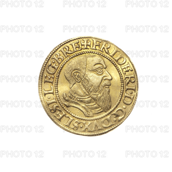Ducat by Michael Stoltz (fl. ca. 1540–1555) depicting Frederick II, Duke of Brzeg–Legnica (1480–1547). Obverse: male bust in armour turned right with a beard and sideburns; rim between pearly borders inscribed '+FRIDERI.DGDVX.SLESI.LEG.BRE'. Reverse: four-field coat of arms of the Duchy of Legnica–Brzeg with the date '1543' above; rim between pearly borders inscribed '+VERB DOMI:MANET IN ETERN'. Date: 1543. Region: Silesia, Duchy of Brzeg–Legnica–Wolów, Legnica. Coin; diameter 21.5 mm; weight 3.54 g; axis 135°. Subjects/styles: portraits, busts of the ruler, coats of arms, shields, four-field coat of arms, iconography.
