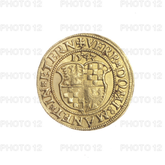 Ducat by Michael Stoltz (fl. ca. 1540–1555) featuring Frederick II, Duke of Brzeg-Legnica (1480–1547). Obverse: male bust turned right with beard and sideburns, wearing a bonnet and coat with a wide collar; rim inscription +FRIDERI.DGDVX.SLESI.LEG.BRE. Reverse: four-field curved heraldic shield of the Duchy of Legnica–Brzeg with the date 1543 above; rim inscription with rosettes +VERB DOMI:MANET IN ETERN. 1543. Silesia, Duchy of Brzeg–Legnica–Wolów, Legnica. Coin; diameter 22.0 mm; weight 3.55 g; axis 90°. R5 (rarity). Genres/subjects: portraits, busts of the ruler, heraldic shields, Piast family.