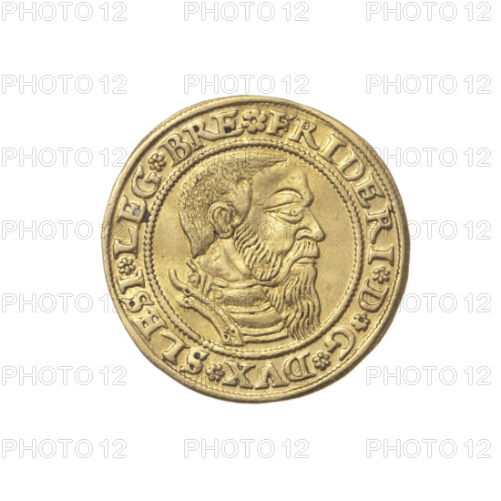 Ducat by Michael Stoltz (fl. ca. 1540–1555), 1544. Obverse: male bust in armour with beard and sideburns, turned right; rim with pearly borders and inscription with rosettes: FRIDERI.DGDVX.SLESI.LEG.BRE. Reverse: four-field coat of arms of the Duchy of Legnica–Brzeg, above which the date 1544; rim with pearly borders and inscription with rosettes: VERB DOMI:MANET IN ETERN. Iconography: Frederick II (Duke of Brzeg–Legnica; 1480–1547), Piast dynasty; heraldic shields; portraits and busts of the ruler. Mint locus: Silesia, Duchy of Brzeg–Legnica–Wolów, Legnica. Coin type: ducat. Measurements: diameter 22.9–23 mm, weight 3.50 g, axis 140°. Rarity: R8.