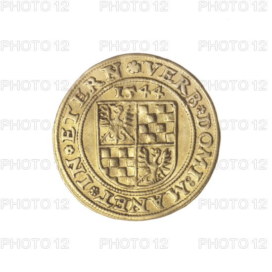 Ducat by Michael Stoltz (fl. ca. 1540–1555), 1544. Obverse: male bust in armour with beard and sideburns, turned right; rim inscription between pearly borders with rosettes: 'FRIDERI.DGDVX.SLESI.LEG.BRE'. Reverse: four-field coat of arms of the Duchy of Legnica–Brzeg, above which the date '1544'; rim inscription between pearly borders with rosettes: 'VERB DOMI:MANET IN ETERN'. Iconography: Frederick II (Duke of Brzeg–Legnica; 1480–1547); Piast dynasty; portraits and busts of the ruler; heraldic shields. Silesia, Duchy of Brzeg–Legnica–Wolów, Legnica. Coin; diameter ~22.9–23 mm; weight 3.50 g; axis 140°. Rarity: R8.