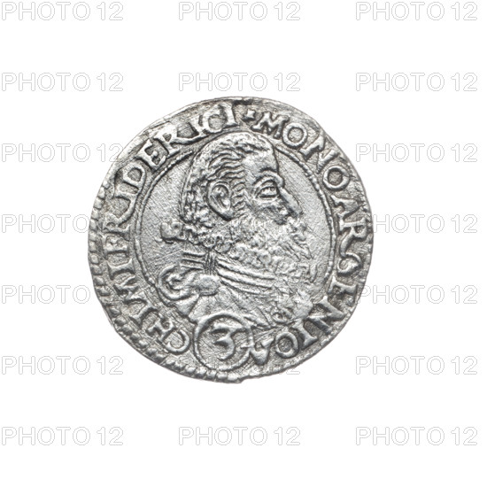 3 kreuzer, Kauerhase, Mathias (fl. ca. 1572–1627), engraver; Krause, Adam (fl. ?–1605), publisher. Obverse: male bust with beard and sideburns, turned right, in armor, ruff and cloak fastened on the shoulder; rim inscription beginning with a star and separated by the numeral 3 in an oval: MO NO ARGEN IOA - CHIMI FRIDERICI. Reverse: four-field coat of arms of the Duchy of Legnica–Brzeg; rim inscription beginning with a star: DVCIS LEGNICEN.ET BREGEN. Date: 1602. Region: Silesia (Duchy of Brzeg–Legnica–Wolów). Subject: Joachim Fryderyk (Duke of Brzeg–Legnica; 1550–1602), Piast dynasty iconography. Coin; diameter 22.0 mm; weight 1.57 g; axis 45°.