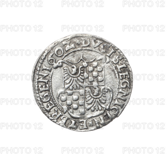3 kreuzer; Kauerhase, Mathias (fl. ca. 1572–1627), engraver and publisher; Krause, Adam (fl. ?–1605); depiction: Joachim Fryderyk (Duke of Brzeg–Legnica; 1550–1602), Piast dynasty; male bust facing right with beard and sideburns, wearing armor, ruff and cloak fastened on the shoulder; portraits of rulers, busts in armor, portrait with head uncovered; obverse: dividing inner border, bust with inscription in rim between pearl-shaped borders beginning with a star and separated by the numeral 3 in an oval: 'MO NO ARGEN IOA - CHIMI FRIDERICI'; reverse: four-field coat of arms of the Duchy of Legnica–Brzeg with inscription in rim between pearly borders beginning with a star: 'DVCIS LEGNICEN.ET BREGEN' and date 1602; iconography of Joachim Fryderyk; coat of arms; coin (3 kreuzer), Silesia, Duchy of Brzeg–Legnica–Wolów, Zloty Stok; diameter 22.0 mm; weight 1.57 g; axis 45°.