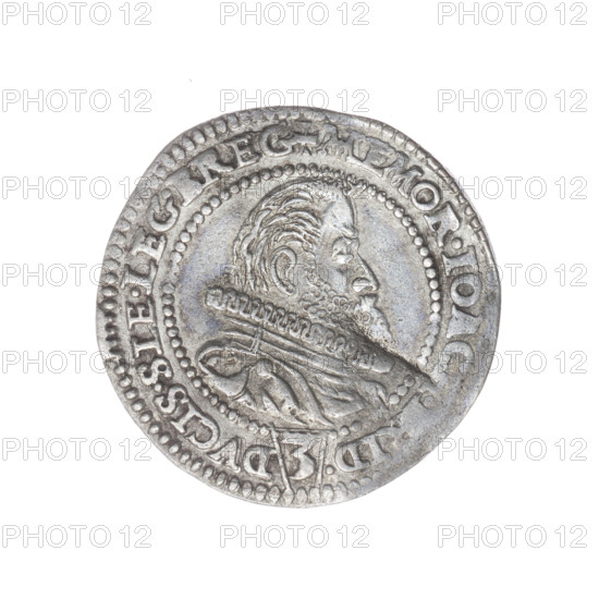 3 commemorative kreuzer coins for the death of Joachim Frederick, Duke of Brzeg-Legnica; maker: Krause, Adam (fl. ?–1605); engraver/publisher: Kauerhase, Mathias (fl. ca. 1572–1627); commemorative posthumous coins for Joachim Frederick (Duke of Brzeg-Legnica; 1550–1602) of the Piast family. Iconography: busts — male busts in armour; male portraits facing right; busts of a ruler with a bare head; portraits in ceremonial armour. Obverse: male bust facing right with beard and sideburns, in armour, ruff and cloak fastened at the shoulder; in the rim between the pearl borders an inscription separated by the value digit (3) +MEMOR.IO, RID. - DVCIS.SLE.LEG.BREG. Reverse: in a double pearl border an inscription in five lines, arabesques at top and bottom PLACIDIS/OBIIT.AN.M./DCII.M.MART/DIE.XXV.HO/RAV., .PM, 1602. Silesia, Duchy of Brzeg-Legnica-Wolów, Zloty Stok. Coin; diameter 24.9 mm; weight 2.40 g; axis 50°.