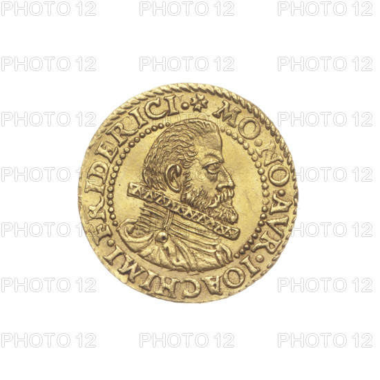 Ducat; engraver: Mathias Kauerhase (fl. ca. 1572–1627); publisher: Adam Krause (fl. ?–1605). Subject: Joachim Fryderyk (Duke of Brzeg–Legnica; 1550–1602) (Piast family). Iconography: male bust facing right — bearded with sideburns — in armour, wearing a ruff and a cloak fastened at the shoulder; bust of the ruler facing right; portrait of the ruler with bare head; portraits in ceremonial armour. Obverse: dividing the inner border, inscription in rim between pearl-shaped borders beginning with a rosette: MO.NO.AVR.IOACHIMI.FRIDERICI. Reverse: under a ducal mitre a four-field coat of arms of the Duchy of Legnica–Brzeg; inscription on rim between pearly borders divided by the mitre: DVCIS.LEGNICEN.ET.BREGEN. Date: 1600–1602 (1602). Place: Silesia, Duchy of Brzeg–Legnica–Wolów, Zloty Stok. Object: coin (ducat). Measurements: diameter 21–21.4 mm; weight 3.53 g; axis 315°. Rarity: R7.