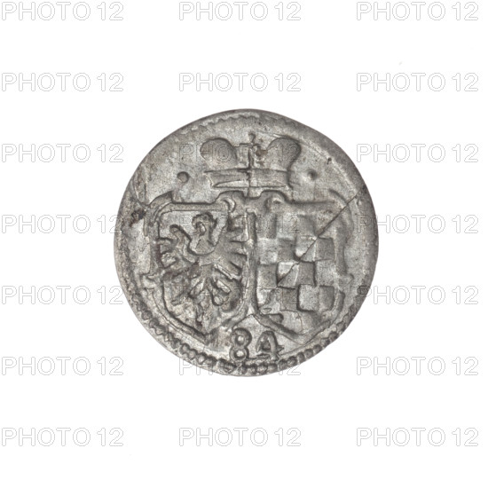 grosik, Jan Chrystian (Duke of Legnica-Brzeg; 1591–1639), Jerzy Rudolf (Duke of Legnica-Brzeg; 1595–1653), Tuchmann, Christoph (fl. 1607–1610), publisher; Piasts (family). Obverse: in the pearl border a decorative cartouche with the Silesian eagle. Reverse: in the pearl border under the ducal mitre between the points two coats of arms — Legnica and Brzeg; below, 84. Date: 1603–1621. Region: Silesia, Duchy of Brzeg-Legnica-Wolów, Zloty Stok. Object: coin (grosik), diameter 16.7 mm, weight 0.58 g, axis 220°.