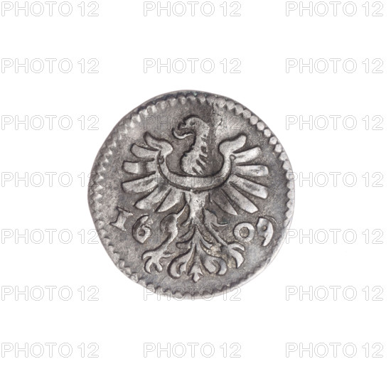 Obverse: In the beaded border the Silesian eagle; on the sides the date 1609. Reverse: In the beaded border under the ducal mitre two curved coats of arms — Legnica and Brzeg, below .84. Coin details: grosik, 1609; Jan Chrystian (Duke of Brzeg, 1591–1639) and Jerzy Rudolf (Duke of Legnica, 1595–1653); maker/publisher Christoph Tuchmann (fl. 1607–1610). Heraldry: Piast family, shields, Duchy of Legnica and Duchy of Brzeg coats of arms, eagles (Silesian eagle). Region: Silesia, Duchy of Brzeg–Legnica–Wolów; place: Zloty Stok. Physical: coin, diameter 17.0 mm, weight 0.87 g, axis 0°.
