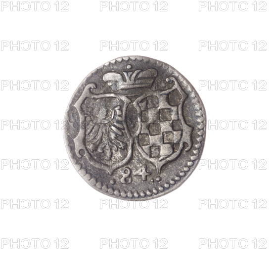 Obverse: In beaded border the Silesian eagle; at sides the date 1609. Reverse: In beaded border under the ducal mitre two curved coats of arms — Legnica and Brzeg; below '.84.' Maker/issuer: Jan Chrystian (Duke of Brzeg; 1591–1639) and Jerzy Rudolf (Duke of Legnica; 1595–1653). Designer/publisher: Christoph Tuchmann (fl. 1607–1610). Subject/theme: Piast family coats of arms, shields, ducal mitre, eagles. Place/date: Duchy of Brzeg-Legnica-Wolów (Silesia), 1609. Object: coin (Zloty Stok); diameter 17.0 mm; weight 0.87 g; axis 0°.