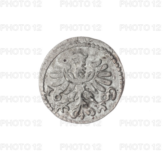 Jan Chrystian (Duke of Legnica-Brzeg; 1591–1639); Jerzy Rudolf (Duke of Legnica-Brzeg; 1595–1653). Christoph Tuchmann (fl. 1607–1610), publisher. Piast family. Obverse: in the beaded border the Silesian eagle; on the sides the date 1609. Reverse: in the beaded border under the ducal mitre two curved coats of arms — Legnica and Brzeg; below '.84.', 1609. Silesia, Duchy of Brzeg–Legnica–Wolów, Zloty Stok. Coin; diameter 17.0 mm; weight 0.77 g; axis 90 degrees.