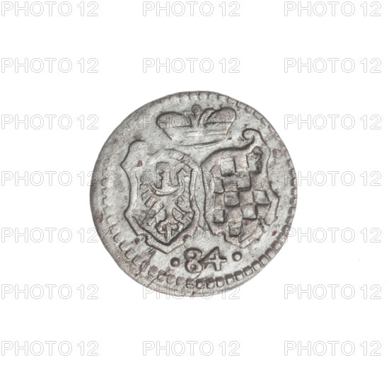 Obverse: In the beaded border the Silesian eagle; on the sides the date 1609. Reverse: In the beaded border under the ducal mitre two curved coats of arms — Legnica and Brzeg; below .84., 1609. Jan Chrystian (Duke of Brzeg; 1591–1639) and Jerzy Rudolf (Duke of Legnica; 1595–1653). Maker/publisher: Christoph Tuchmann (fl. 1607–1610). Piast family. Subjects: shields, coats of arms, eagles, Silesian eagle, shields under the ducal mitre. Region: Silesia, Duchy of Brzeg–Legnica–Wolów, Zloty Stok. Object: coin (grosik), diameter 17.0 mm, weight 0.77 g, axis 90°. Date: 1609.