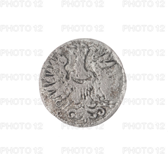 Grosik (coin) depicting Jerzy Rudolf (Duke of Legnica-Brzeg; 1595–1653) and Jan Chrystian (Duke of Legnica–Brzeg/Brzeg; 1591–1639); Piast family; obverse: in the pearl border the Silesian eagle, on the sides the date 6 -; reverse: in the pearl border under the ducal mitre two curved coats of arms — of Legnica and Brzeg, below 1603–1621; iconography includes shields, eagles, heraldic shields, heraldic shields under the ducal mitre; Duchy of Legnica and Duchy of Brzeg coats of arms; Silesia, Duchy of Brzeg–Legnica–Wolów, Zloty Stok; coin, diameter 16.7 mm, weight 0.48 g, axis 270°.