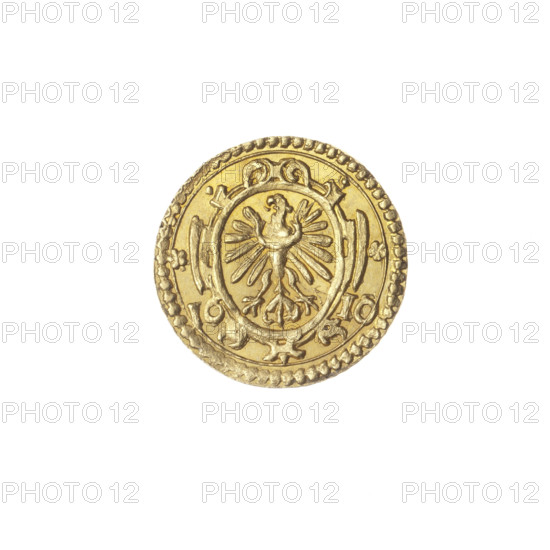Half-ducat (groschen stamp), Jan Chrystian (Duke of Legnica–Brzeg; 1591–1639), Jerzy Rudolf (Duke of Legnica–Brzeg; 1595–1653), Tuchmann, Christoph (fl. 1607–1610), publisher. Piast family. Duchy of Legnica (coat of arms); Duchy of Brzeg (coat of arms); Legnica (coat of arms). Silesian eagle (iconography); shields; eagles; coats of arms; coats of arms under the ducal mitre. Gold groschen print. Obverse: in the beaded border a decorative cartouche with the Silesian eagle. Reverse: in the beaded border under the ducal mitre two curved coats of arms — Legnica and Brzeg, below (84). 1610. Silesia; Duchy of Brzeg–Legnica–Wolów; Zloty Stok. Coin; diameter 16.8 mm; weight 1.78 g; axis 0°.