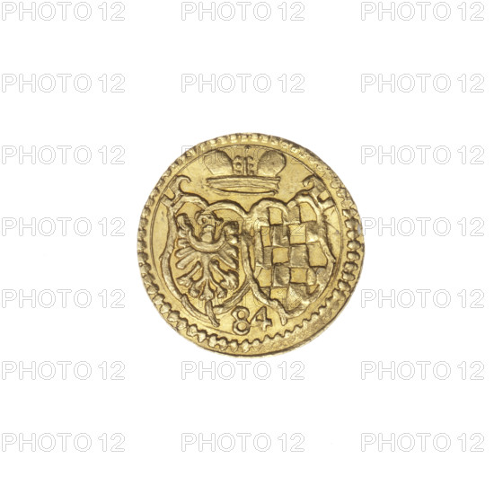Half-ducat (groschen stamp), Jan Chrystian (Duke of Legnica-Brzeg; 1591–1639), Jerzy Rudolf (Duke of Legnica-Brzeg; 1595–1653); publisher: Christoph Tuchmann (fl. 1607–1610). Piast family. Obverse: in beaded border a decorative cartouche with the Silesian eagle. Reverse: in beaded border under the ducal mitre two curved coats of arms — Legnica and Brzeg; below number (84). Gold groschen print, 1610, Silesia, Duchy of Brzeg-Legnica-Wolów, Zloty Stok. Diameter 16.8 mm; weight 1.78 g; axis 0°. R8 (rarity).