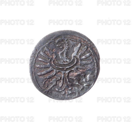 grosik, Jerzy Rudolf (Duke of Legnica-Brzeg; 1595–1653), Jan Chrystian (Duke of Legnica-Brzeg; 1591–1639); obverse: in the double border the Silesian eagle, on the sides the date 6 - I; reverse: in the double border under the ducal mitre two curved coats of arms — Legnica and Brzeg; iconography includes Silesian eagle, eagles, shields, coats of arms, Piast family; ca. 1611, Silesia, Duchy of Brzeg-Legnica-Wolów, Zloty Stok; coin (grosik), diameter 16.7 mm, weight 0.82 g, axis 45°