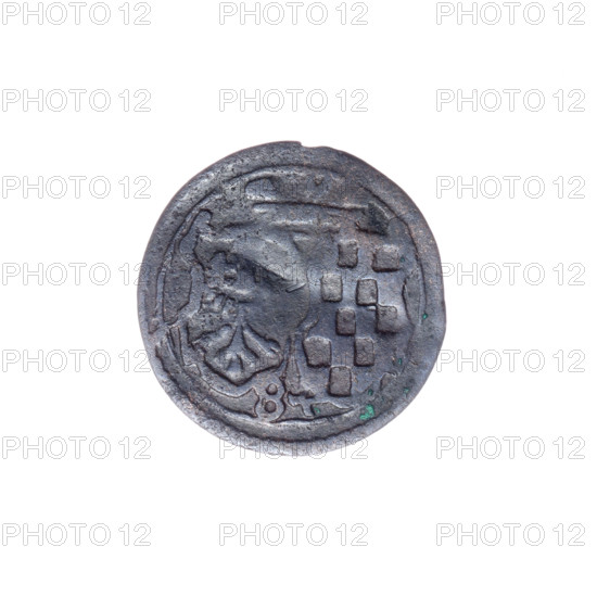 grosik; Jerzy Rudolf (Duke of Legnica-Brzeg; 1595–1653); Jan Chrystian (Duke of Legnica/Brzeg; 1591–1639); Silesian eagle (iconographic); eagles; Piasts (family); Duchy of Brzeg (coat of arms); Duchy of Legnica (coat of arms); shields; Legnica (coat of arms); coat of arms under the ducal mitre. In the double border a decorative cartouche with the Silesian Eagle; on the sides the date 6 - II; in the double border, under the ducal mitre, two curved coats of arms — of Legnica and Brzeg; below 84, 1611. Silesia; Duchy of Brzeg-Legnica-Wolów. Coin from Zloty Stok; diameter 16.2 mm; weight 0.75 g; axis 45 degrees.