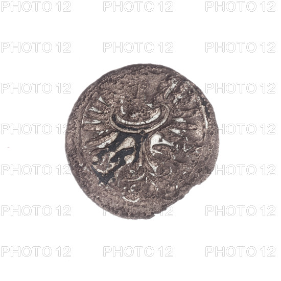 grosik, Jan Chrystian (Duke of Legnica-Brzeg; 1591–1639), Jerzy Rudolf (Duke of Legnica-Brzeg; 1595–1653), Cantor, Christoph (fl. 1611–1622), publisher; Silesian eagle (iconographic), eagles; Duchy of Brzeg (coat of arms), Piasts (family), Legnica (coat of arms), shields, duchy Legnica (coat of arms), heraldic shields under the ducal mitre. Obv.: In the double border the Silesian eagle; on the sides the date 6 - I2. Rev.: In the double border under the ducal mitre two curved heraldic shields — Legnica and Brzesko; below 84, 1612. Silesia; Duchy of Brzesko-Legnica-Wolów; Zloty Stok; coin; diameter 17.3 mm, diameter 16.0 mm; weight 0.73 g; axis 45°.