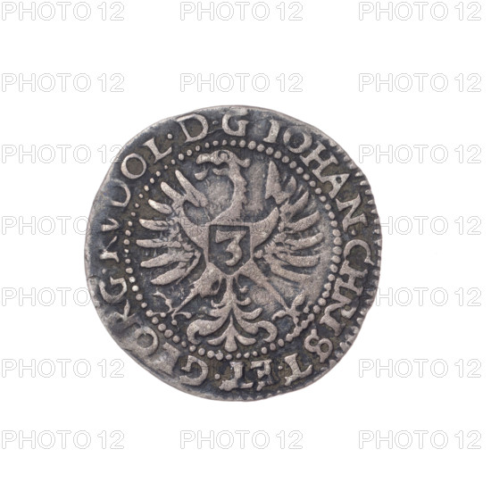 3 kreuzer, 1603. Obverse: Silesian eagle; on its chest a shield with the number 3; in the rim between pearly borders the inscription 'D.G.IOHAN.CHRIST.ET.GEORG.RVDOL.' Reverse: Helmet with labres, above it a cartouche with the Silesian eagle, below the date '603'; in the rim between pearly borders the inscription 'FRATRVM.DVC.SIL.LIG.ET.BREG.MO.AR.' Depicts Dukes Jan Chrystian (1591–1639) and Jerzy Rudolf (1595–1653) of the Piast family. Silver coin from Silesia, Duchy of Brzeg–Legnica–Wolów; Zloty Stok mint. Diameter 22.4 mm; weight 1.75 g; axis 220°.