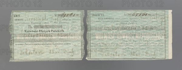 Receipt and notification of the National Government; securities, receipts; January Uprising (1863–1864); National Government, Kingdom of Poland (1815–1918). On green paper with diagonal white checkered pattern the inscription: 'KWIT No. 67561. CITIZEN Orphan Teofil submitted pursuant to the Government regulation of 8 April 1863 // 48 zloty // Clearly Polish zloty // forty-eight.' Handwritten signature: Secretary of the Academy: Duch. Second part torn off. 'AVIZACYA No. 67561. THE NATIONAL GOVERNMENT notifies the Orphan Citizen T. that the one-time national tax according to the schedule is forty-eight Polish zlotys' (next lines illegible). Handwritten signature: Secretary of the Academy: Duch. 1863, Poland; security/receipt.