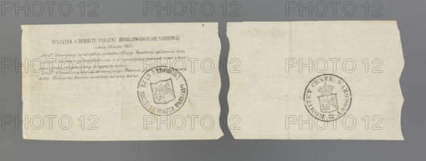 Receipt and notification of the National Government; securities; registered receipt; January Uprising (1863–1864); National Government, Kingdom of Poland (1815–1918). On green paper with diagonal white checkered pattern the inscription: 'KWIT No_67561. CITIZEN Orphan Teofil submitted pursuant to the Government regulation of 8 April 1863 // 48 zloty // Clearly Polish zloty // forty-eight.' Handwritten signature: Secretary of the Academy: Duch. Second part torn off. 'AVIZACYA No._67561. THE NATIONAL GOVERNMENT notifies the Orphan Citizen T. that the one-time national tax according to the schedule is forty-eight Polish zlotys' (next lines illegible). Handwritten signature: Secretary of the Academy: Duch. 1863. Poland. Security; receipt.