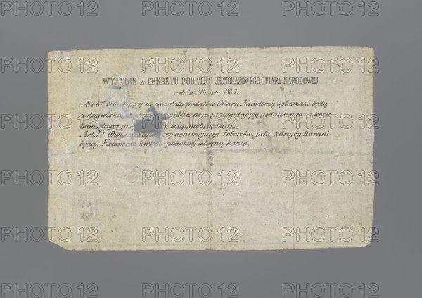 Personal note for 50 Polish zlotys, National Government, receipts, securities, personal receipts, National Government notification, January Uprising (1863–1864), National Government, Kingdom of Poland (1815–1918). On green printed paper: personal note for 50 Polish zlotys for a one-time national tax no. 11649 for a citizen of the Citizens' Militia dated June 13, 1863. No stamp on the reverse. 1863, Poland, security, personal note. Size: 116 × 66 mm.