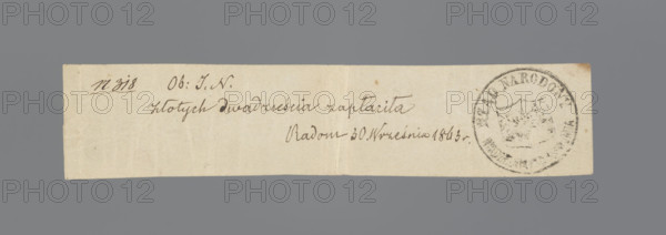 National Government receipt, registered receipt, January Uprising (1863–1864), Kingdom of Poland (1815–1918). A narrow strip of paper with handwritten inscription: '17318 citizen IN // paid twenty zloty. // Radom 30 September 1863.' On the right, the ink seal of the National Government with a bipartite coat of arms: Poland and Lithuania. 1863. Radom. Securities/receipt. Dimensions: 130 mm × 23 mm.