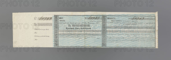 National tax receipt and advice (blank form) for the one-off tax of the National Victim, Nominal Receipt and Advice No. 64783; blue and white diagonal checkered background with white underprint; without the National Government seal on the face; on the reverse, the National Government seal with a two-field shield. January Uprising (1863–1864); 1863; Kingdom of Poland (1815–1918). Paper securities/receipt. Dimensions: 1287 mm × 271 mm.