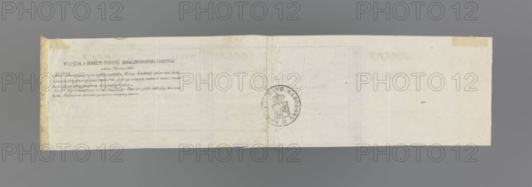 National tax receipt and advice for the National Government, securities and receipt related to the January Uprising (1863–1864). Nominal receipt and advice No. 64783 for the one-off tax of the National Victim; blank form with blue and white diagonal checkered background and white underprint, without the National Government seal on the face. On the reverse, the National Government seal with a two-field shield. 1863, Kingdom of Poland (1815–1918). Dimensions: 1287 mm × 271 mm.