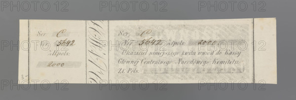 Receipt for the cashier of the Main Central National Committee, National Government; securities, January Uprising (1863–1864); National Loan; Kingdom of Poland (1815–1918). Printed receipt with the inscription: 'Ser C // Ner. 5642 Polish Zloty. 2000. // The bearer of this receipt brought to the Main Cashier // of the Central National Committee // Polish Zloty.' On the reverse an oval ink seal of the National Government and a signature initial. 1863, Poland. Security receipt; size 1203 mm × 252 mm.