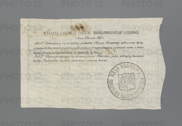 Personal notice of national tax, Governor of the City of Warsaw, National Government, securities, national tax, January Uprising (1863–1864), notice of the National Government, Kingdom of Poland (1815–1918), receipts, notice, notification, without receipt, no. 6500 concerning that resident Xawery Jasinski should pay a one-off national tax of 66.20 zloty to the collector on May 30. On the reverse: stamp: NATIONAL GOVERNMENT, HEAD OF THE CITY OF WARSAW., 1863, Warsaw, Poland, security, receipt. Dimensions: 116 mm and 67 mm.