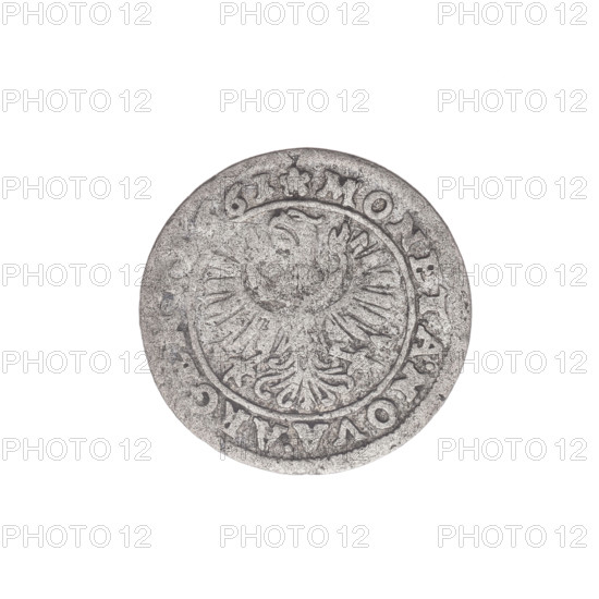 3 kreuzer; maker: Elias Weiss (fl. 1657–1673); date: 1661. Obverse: male bust facing right with long hair, in decorative armor girded with a sash and wide collar; below in a decorative oval the numeral 3; rim inscription D.G.CHRISTIAN.DVX. Reverse: Silesian eagle between letters E - W; rim inscription beginning with a rosette and the mintmaster's mark MONETA.NOVA.ARGENT.1661. Iconography: Chrystian, Duke of Brzeg-Legnica-Wolów (1618–1672); Piast dynasty; rulers’ busts and portraits in armor. Material: silver coin. Place: Brzeg, Duchy of Brzeg-Legnica-Wolów (Silesia). Dimensions: diameter 20.8 mm; weight 1.38 g; axis 50°.