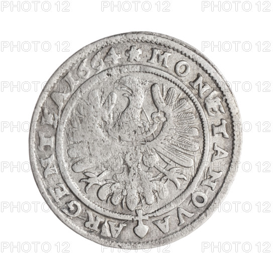 15 kreuzer; Pfahler, Christian (fl. 1651–1665). Obverse: male bust turned to the right, long hair, decorative armor girded with a sash and wide collar; below in an oval the numeral XV; pearl borders; inscription D:G.CHRISTIAN.DUX - SIL.LB&WOLAV. Reverse: Silesian eagle; in the rim between pearl borders an inscription beginning with a rosette, separated by the mintmaster's mark MONETA NOVA - ARGENTEA 1664. Date: 1664. Region: Silesia, Duchy of Brzeg-Legnica-Wolów (Brzeg). Material: silver coin; diameter 28.6 mm; weight 5.88 g; axis 230°. Iconography: Chrystian (duke of Brzeg-Legnica-Wolów; 1618–1672), Silesian eagle, Piast family; portraits and busts of the ruler, male busts in armor, portrait with head uncovered.