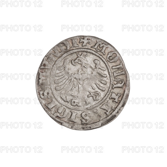 Crown half-grosz of Sigismund I the Old (King of Poland; 1506–1548). Obverse: Polish crowned eagle with head turned left, talons at the bottom; inscription in the rim. Reverse: Crown straight ahead; inscription in the rim. Dated 1507. Coin of Poland; diameter 18.7 mm, weight 0.97 g.