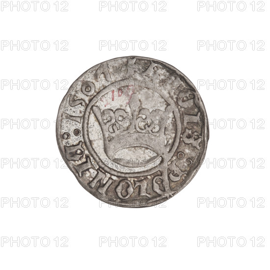 Crown half-grosz, Sigismund I the Old (King of Poland; 1506–1548). Obverse: Polish crowned eagle facing left, talons at the bottom; inscription in the rim. Reverse: crowned wreath ahead, inscription in the rim. Dated 1507. Coin of Poland, diameter 18.7 mm, weight 0.97 g.