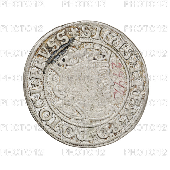 Prussian grosz, Sigismund I the Old (King of Poland; 1506–1548). Obverse: Crowned male bust in profile turned to the right; in the rim between the pearl borders an inscription: .SIGIS.I.REX.PO.DO.TOCI.PRVSS. Reverse: The Eagle of Royal Prussia; in the rim between the pearl borders the inscription: .GROSS.COMV.TERR.PRVSSIE.1534. 1534, Torun, Poland. Coin; diameter 23.2–23.4 mm; weight 1.79 g., A round worn coin with a raised rim showing a profile of a person wearing a crown in the center, surrounded by an outer ring with raised decorative elements; the coin surface is mostly pale gray with areas of darker gray and black discoloration, some brownish spots, and a few small red marks; the crown and surrounding details have textured, worn relief, and the overall background is white.