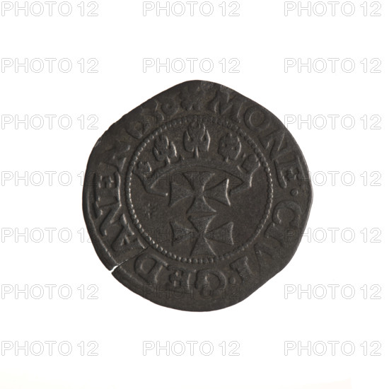 Gdansk szelag, Sigismund I the Old (King of Poland; 1506–1548). Obverse: Eagle of Royal Prussia, in the rim between pearly borders an inscription: SIGI.DEI.GRA.REX.POLONIE. Reverse: Coat of arms of Gdansk, in the rim between pearly borders an inscription: MONE.CIVI.GEDANEN.1538. Date: 1538. Poland, Gdansk. Coin; diameter 18.7–19.3 mm; weight 1.1 g. Subjects: Polish coins, eagle (coat of arms), Jagiellons (dynasty), coats of arms, Gdansk (coat of arms).