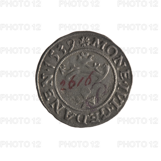 Gdansk szelag, Sigismund I the Old (King of Poland; 1506–1548). Obverse: Eagle of Royal Prussia; in the rim between pearl-shaped borders an inscription: SIGIS.DEI.GRA.REX.POLO. Reverse: Coat of arms of Gdansk; in the rim between pearl-shaped borders inscription: .MONE.IVI.GEDANEN.1539. Date: 1539. Poland, Gdansk. Coin; diameter c. 19.9–20.0 mm, weight 1.09 g. Subjects: Eagle (coat of arms), Jagiellons (dynasty), coats of arms of cities.