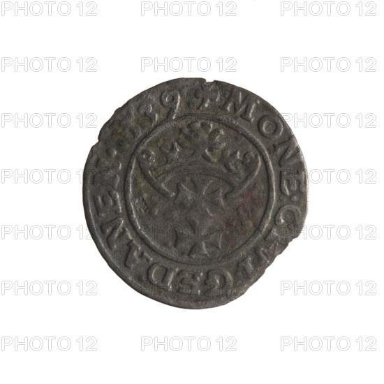 Gdansk szelag, Sigismund I the Old (King of Poland; 1506–1548). Polish coin, 1539. Obverse: Eagle of Royal Prussia; rim inscription between pearl-shaped borders: SIGIS.DEI.GRA.REX. Reverse: Coat of arms of Gdansk; rim inscription between pearl-shaped borders: .MONE.C, I.GEDANEN. Diameter 18.8–20.0 mm; weight 0.97 g. Subjects/ motifs: Eagle (coat of arms), Jagiellons (dynasty), coats of arms of cities.