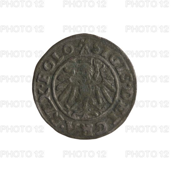 Gdansk szelag, Sigismund I the Old (King of Poland; 1506–1548). Polish coin (Gdansk), 1539. Obv.: Eagle of Royal Prussia; in the rim between pearly borders an inscription: .SIGIS.DEI.GRA.REX.POLO. Rev.: Coat of arms of Gdansk; in the rim between pearly borders an inscription: .MONE.CIVI.GEDANEN.1539. Diameter 20.0–20.5 mm; weight 1.17 g. Subjects/styles: Eagle (coat of arms), eagles, Jagiellon dynasty, coats of arms of cities.