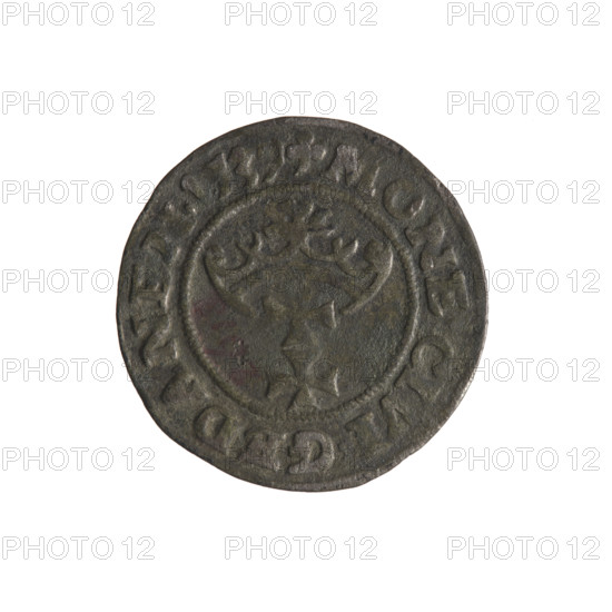 Gdansk szelag, Sigismund I the Old (King of Poland; 1506–1548). Obverse: Eagle of Royal Prussia; in the rim between pearly borders an inscription: .SIGIS.DEI.GRA.REX.POLO. Reverse: Coat of arms of Gdansk; in the rim between pearly borders an inscription: .MONE.CIVI.GEDANEN.1539. Date: 1539. Poland, Gdansk. Coin. Diameter 20.0–20.5 mm. Weight 1.17 g. Subjects: Polish coins; eagle (coat of arms); eagles; Jagiellons (dynasty); coats of arms of cities; coats of arms; Gdansk (coat of arms).