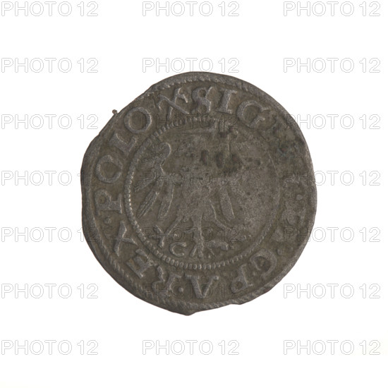 Gdansk szelag, Sigismund I the Old (King of Poland; 1506–1548). Polish coin (Gdansk), 1539. Obverse: Eagle of Royal Prussia; rim inscription between pearl-shaped borders: 'SIGI, EI.GRA.REX.POLO'. Reverse: Coat of arms of Gdansk; rim inscription between pearl-shaped borders: 'MONE.CIVI.GEDANEN.1539'. Diameter 20.3–20.8 mm; weight 1.15 g.