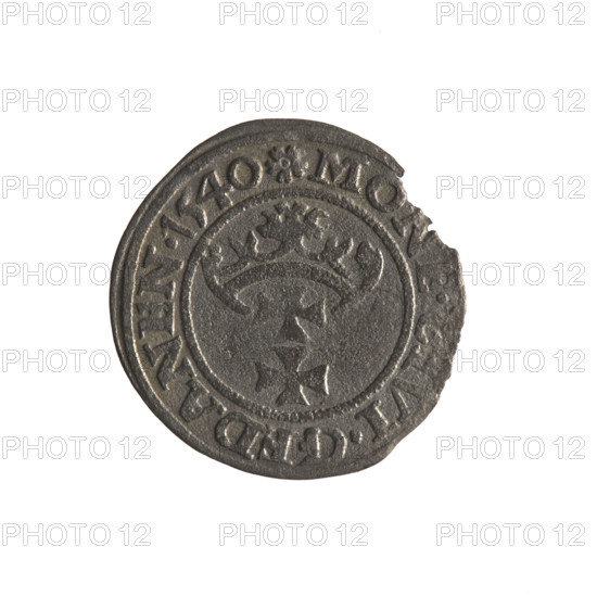 Gdansk szelag, Sigismund I the Old (King of Poland; 1506–1548). Polish coin (Gdansk), 1540. Obverse: Eagle of Royal Prussia; in rim between pearl-shaped borders an inscription: .SIGIS.DEI.GRA.REX.POLON. Reverse: Coat of arms of Gdansk; in rim between pearl-shaped borders an inscription: .MONE.CIVI.GEDANEN.1540. Diameter 19.2–20.4 mm; weight 0.97 g. Subjects: eagle (coat of arms), Jagiellons (dynasty), coats of arms of cities.
