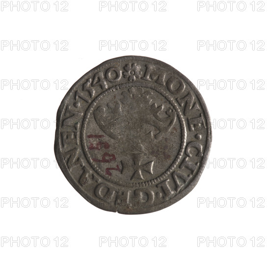 Gdansk szelag, Sigismund I the Old (King of Poland; 1506–1548). Obverse: Eagle of Royal Prussia, in the rim between pearly borders an inscription: .SIGIS.DEI.GRA.REX.POLON. Reverse: Coat of arms of Gdansk, in the rim between pearly borders an inscription: .MONE.CIVI.GEDANEN.1540. Date: 1540. Poland, Gdansk. Coin (szelag), diameter 19.4–19.7 mm, weight 1.14 g. Features: eagle (coat of arms), Jagiellon dynasty, coats of arms of cities.