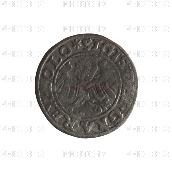 Gdansk szelag, Sigismund I the Old (King of Poland; 1506–1548). Obverse: Eagle of Royal Prussia, in the rim between pearly borders an inscription: .SIGIS.DEI.GRA.REX. Reverse: Coat of arms of Gdansk, in the rim between pearly borders an inscription: .MONE,CIVI.GEDANEN.1546. 1546. Poland, Gdansk. Coin (szelag), Polish coin; eagles; Jagiellon dynasty; coats of arms of cities; Gdansk coat of arms. Diameter 20.0–20.2 mm; weight 1 g.