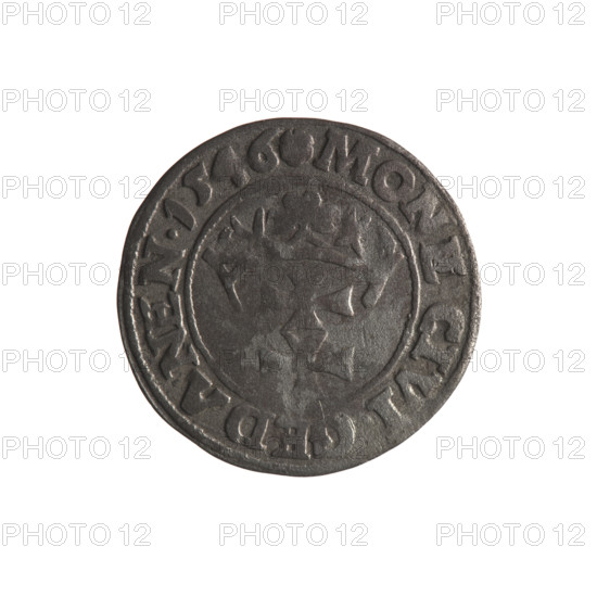 Gdansk szelag, Sigismund I the Old (King of Poland; 1506–1548). Obv.: Eagle of Royal Prussia; in the rim between pearly borders an inscription: .SIGIS.DEI.GRA.REX. Rev.: Coat of arms of Gdansk; in the rim between pearly borders an inscription: .MONE,CIVI.GEDANEN.1546. 1546. Poland, Gdansk. Polish coin; diameter 20.0–20.2 mm; weight 1 g. Subjects: eagle (coat of arms), Jagiellons (dynasty), coats of arms of cities.