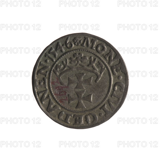 Gdansk szelag, Sigismund I the Old (King of Poland; 1506–1548). Obverse: Eagle of Royal Prussia; in the rim between pearly borders an inscription: .SIGIS.DEI.GRA.REX.POLON. Reverse: Coat of arms of Gdansk; in the rim between pearly borders an inscription: .MONE.CIVI.GEDANEN.1546. 1546. Poland, Gdansk. Coin. Diameter 19.7–20.0 mm. Weight 1.22 g. Subjects: Polish coins; Eagle (coat of arms); eagles; Jagiellons (dynasty); coats of arms of cities; coats of arms; Gdansk (coat of arms).