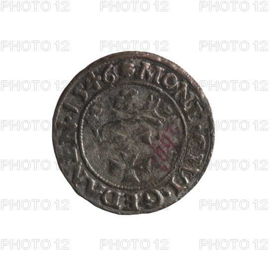 Gdansk szelag, Sigismund I the Old (King of Poland; 1506–1548). Obverse: Eagle of Royal Prussia; in the rim between pearl-shaped borders an inscription: SIGIS.DEI.GRA.REX.POLONI. Reverse: Coat of arms of Gdansk; in the rim between pearl-shaped borders inscription: MON.CIVI.GEDAN.N.1546. Date: 1546. Poland, Gdansk. Coin; silver; diameter approx. 19.6–19.8 mm; weight 1.1 g. Subjects: Polish coins, eagle (coat of arms), Jagiellons (dynasty), coats of arms, Gdansk (coat of arms).