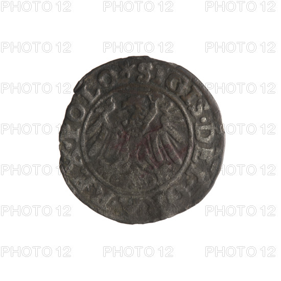Gdansk szelag, Sigismund I the Old (King of Poland; 1506–1548). Obverse: Eagle of Royal Prussia; in rim between pearly borders inscription: .SIGIS.DEI.GRA.REX.POLO. Reverse: Coat of arms of Gdansk; in rim between pearly borders inscription: .MONE.CIVI.GEDA. 1546. Poland, Gdansk. Coin; Polish coins; eagle (coat of arms); eagles; Jagiellons (dynasty); coats of arms of cities; coats of arms. Diameter 19.4–19.8 mm; weight 0.95 g.