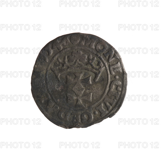 Gdansk szelag, Sigismund I the Old (King of Poland; 1506–1548). Obverse: Eagle of Royal Prussia; in the rim between pearly borders an inscription: .SIGIS.DEI.GRA.REX.POLO. Reverse: Coat of arms of Gdansk; in the rim between pearly borders an inscription: .MONE.CIVI.GEDA. Dated 1546. Poland, Gdansk. Coin; diameter 19.4–19.8 mm; weight 0.95 g.