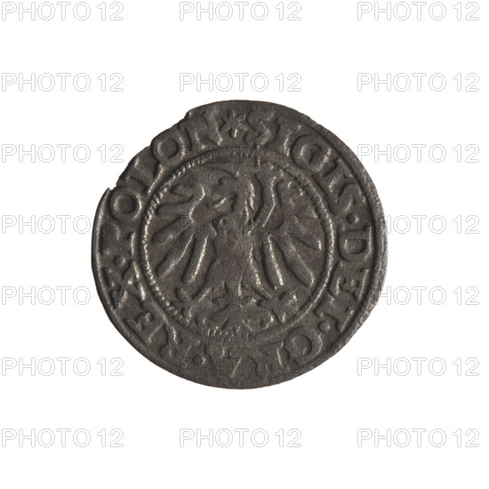 Gdansk szelag, Sigismund I the Old (King of Poland; 1506–1548). Polish coin (Gdansk), 1547. Obverse: Eagle of Royal Prussia; rim inscription between pearl-shaped borders: SIGIS.DEI.GR, REX.POLON. Reverse: Coat of arms of Gdansk; rim inscription between pearl-shaped borders: .MO, .CIVI.GEDANEN.1547. Diameter ~19–20 mm; weight 0.95 g. Subjects/styles: Eagle (coat of arms), eagles, Jagiellons (dynasty), coats of arms of cities.