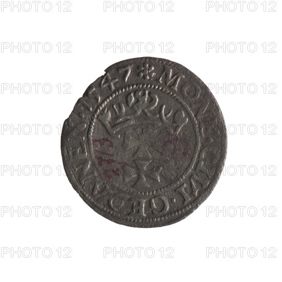 Gdansk szelag, Sigismund I the Old (King of Poland; reign 1506–1548). Obverse: Eagle of Royal Prussia; in rim between pearl-shaped borders inscription 'SIGIS.DEI.GR REX.POLON'. Reverse: Coat of arms of Gdansk; in rim between pearl-shaped borders inscription '.MO. C IVI.GEDANEN.1547'. Date: 1547. Poland, Gdansk. Coin, diameter 19.0–20.0 mm, weight 0.95 g. Features: eagle (coat of arms), Jagiellon dynasty, city coats of arms.