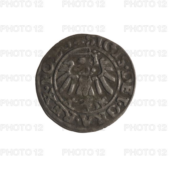 Gdansk szelag, Sigismund I the Old (King of Poland; 1506–1548). Obverse: Eagle of Royal Prussia; in the rim between pearl-shaped borders an inscription: SIGIS.DEI.GRA.REX.PO. Reverse: Coat of arms of Gdansk; in the rim between pearl-shaped borders an inscription: NE.CIVI.GEDANEN.1547. Date: 1547. Poland, Gdansk. Polish coin; materials/style: coin with eagle and coats of arms (Jagiellons dynasty imagery). Diameter: 19.0–19.7 mm. Weight: 0.95 g.